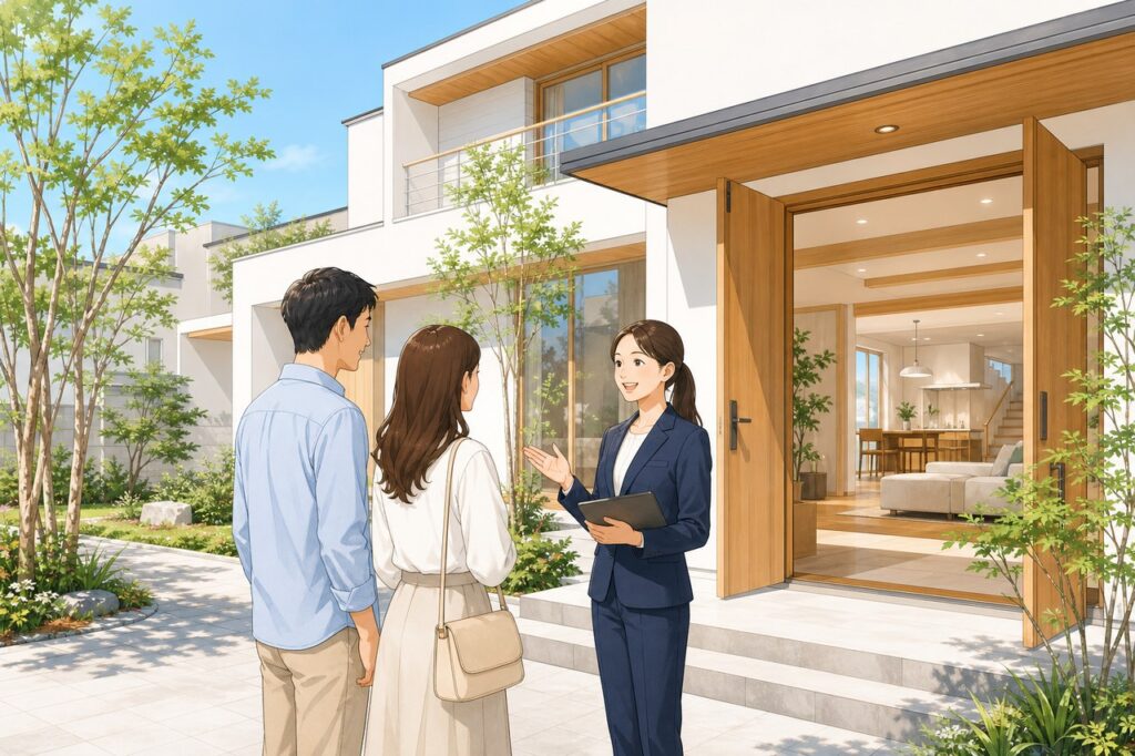 住宅展示場でスタッフに迎えられる来場者