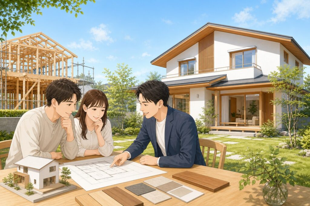 図面を見ながら注文住宅を相談する夫婦と木の家
