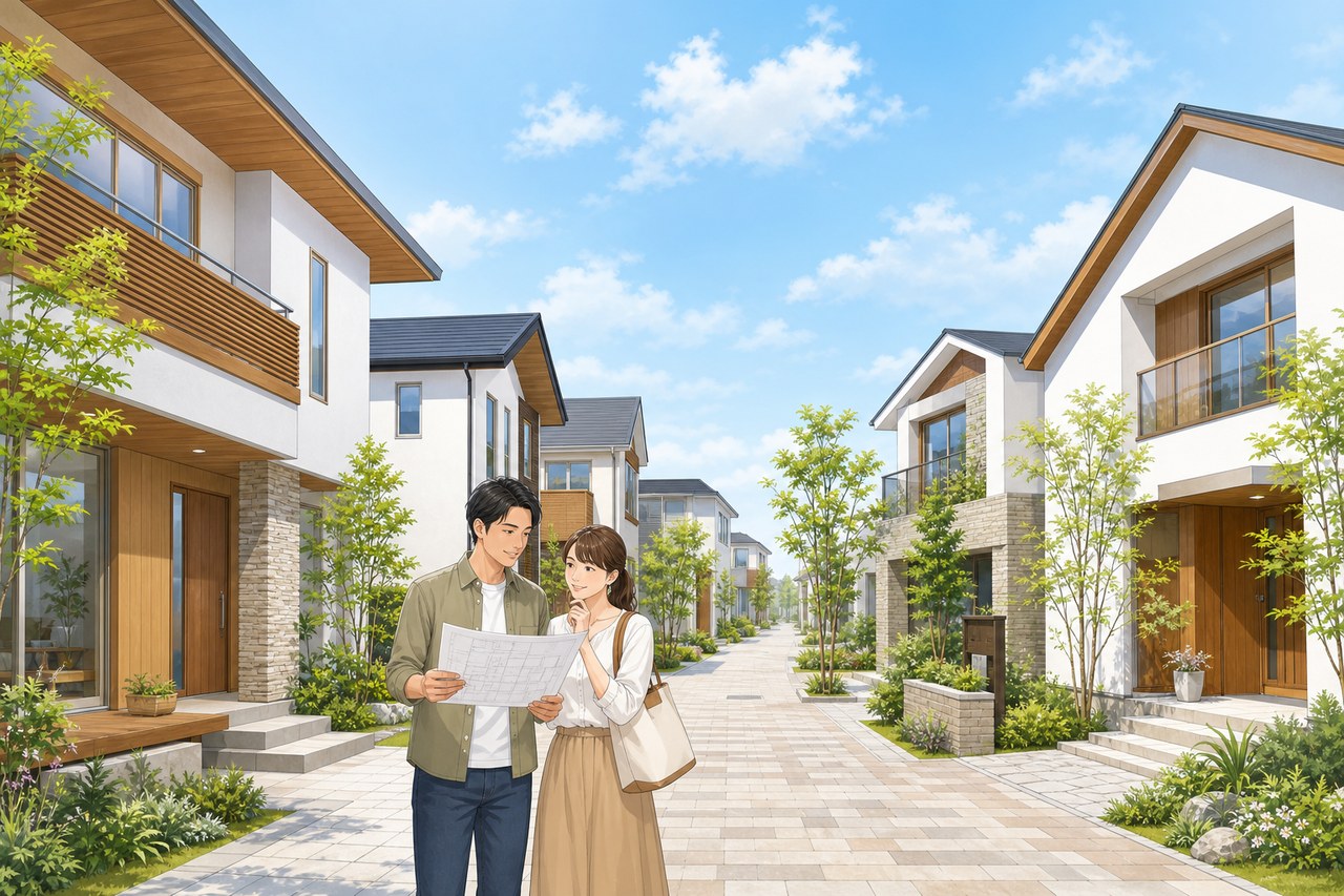 住宅展示場でモデルハウスを見比べる夫婦
