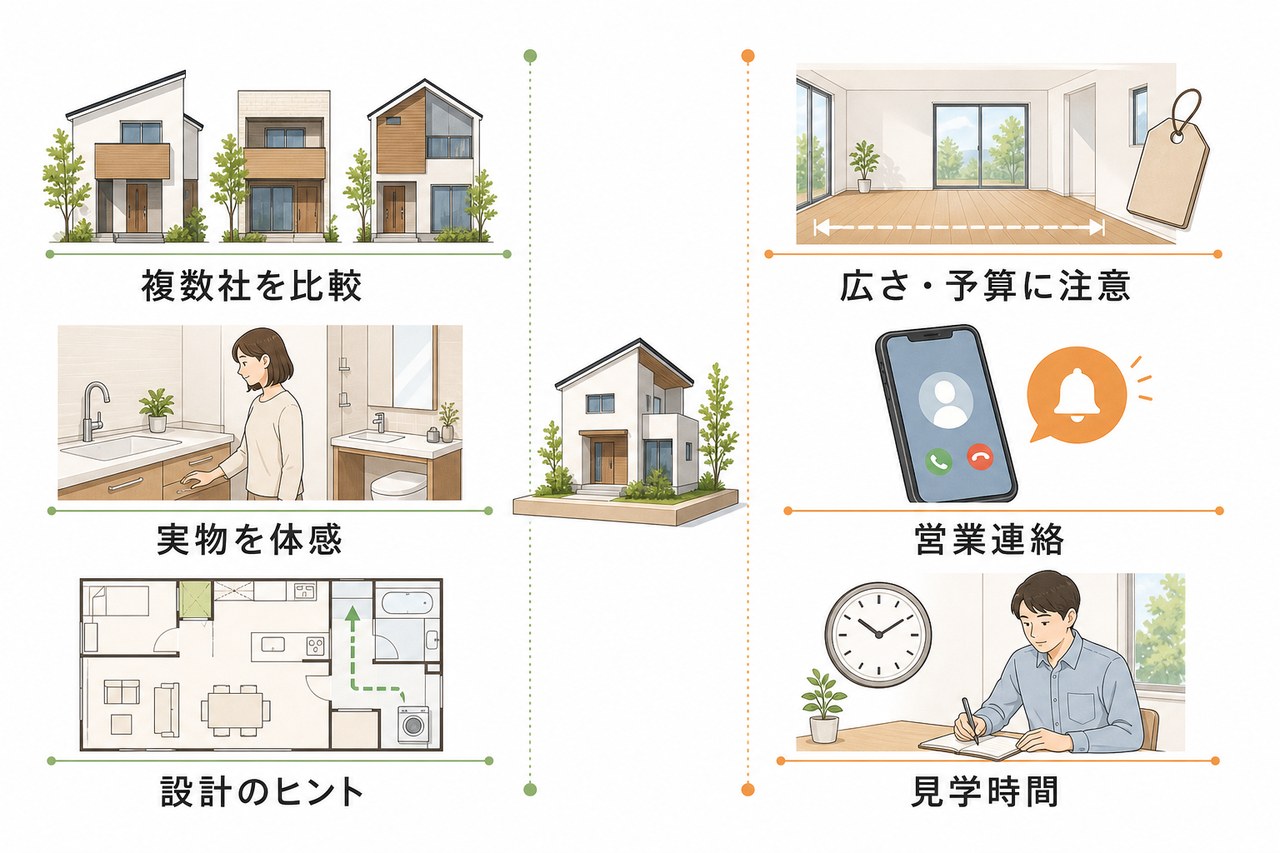住宅展示場のメリットと注意点を左右に分けた比較図