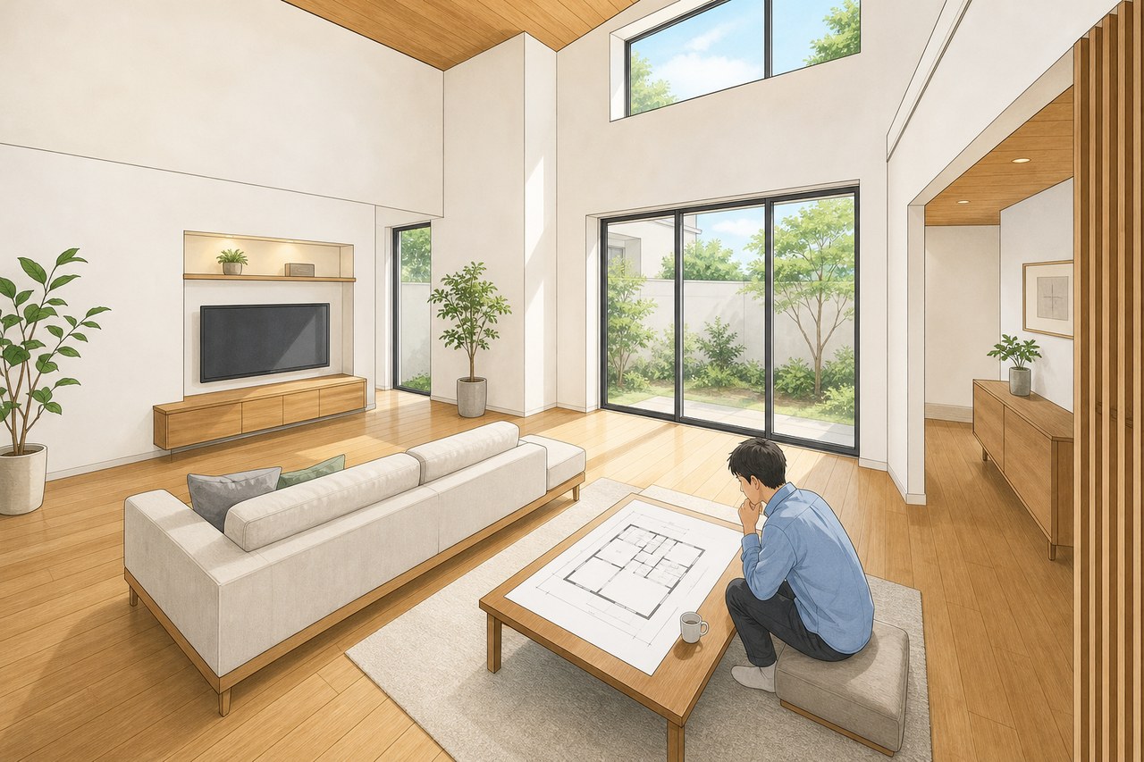広いモデルハウスで平面図と部屋の広さを見比べる人