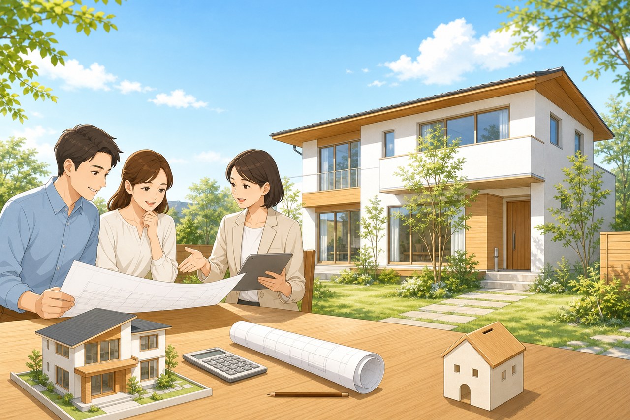家づくりの費用を相談する夫婦と注文住宅の外観