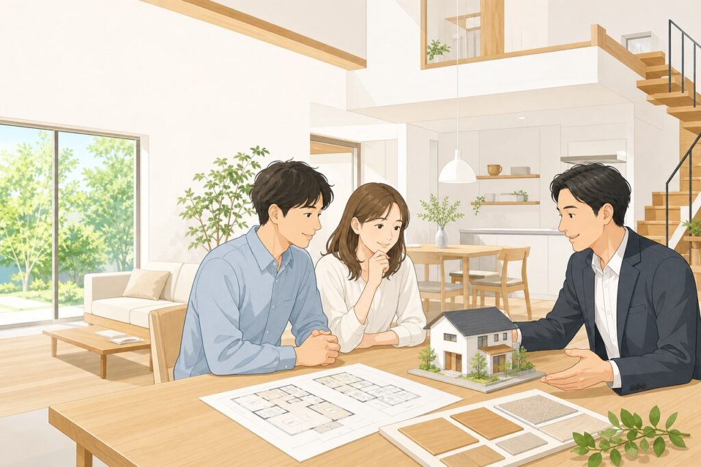 施主夫婦と工務店担当者が住宅模型と図面を囲んで相談する様子