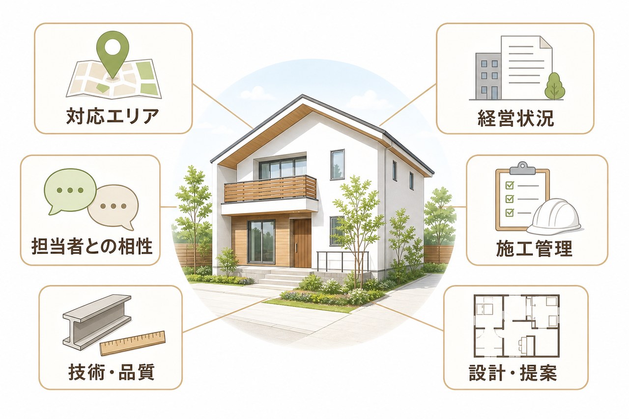 注文住宅の工務店選びで確認する6つの観点を家の周囲に示した図