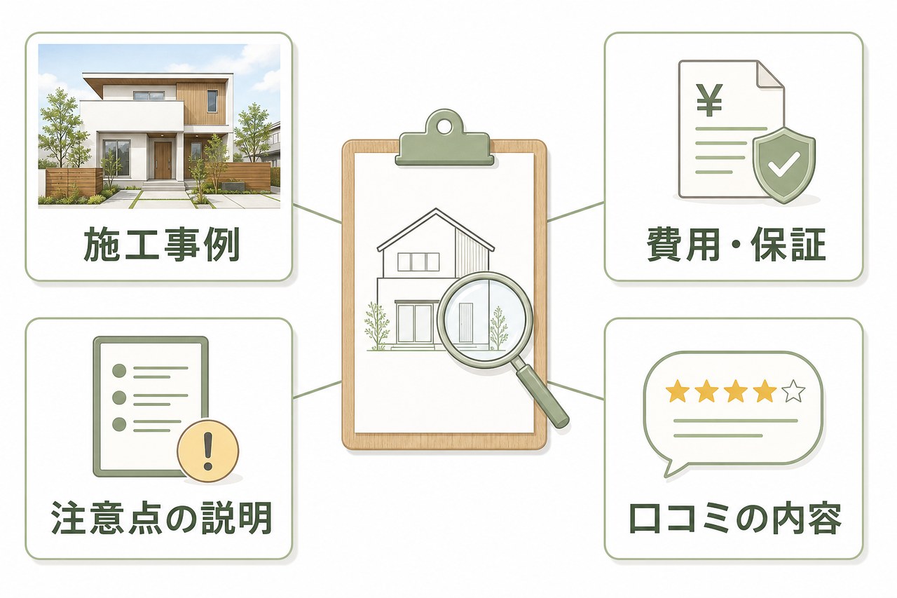 工務店を見分ける4つの確認点を示す図