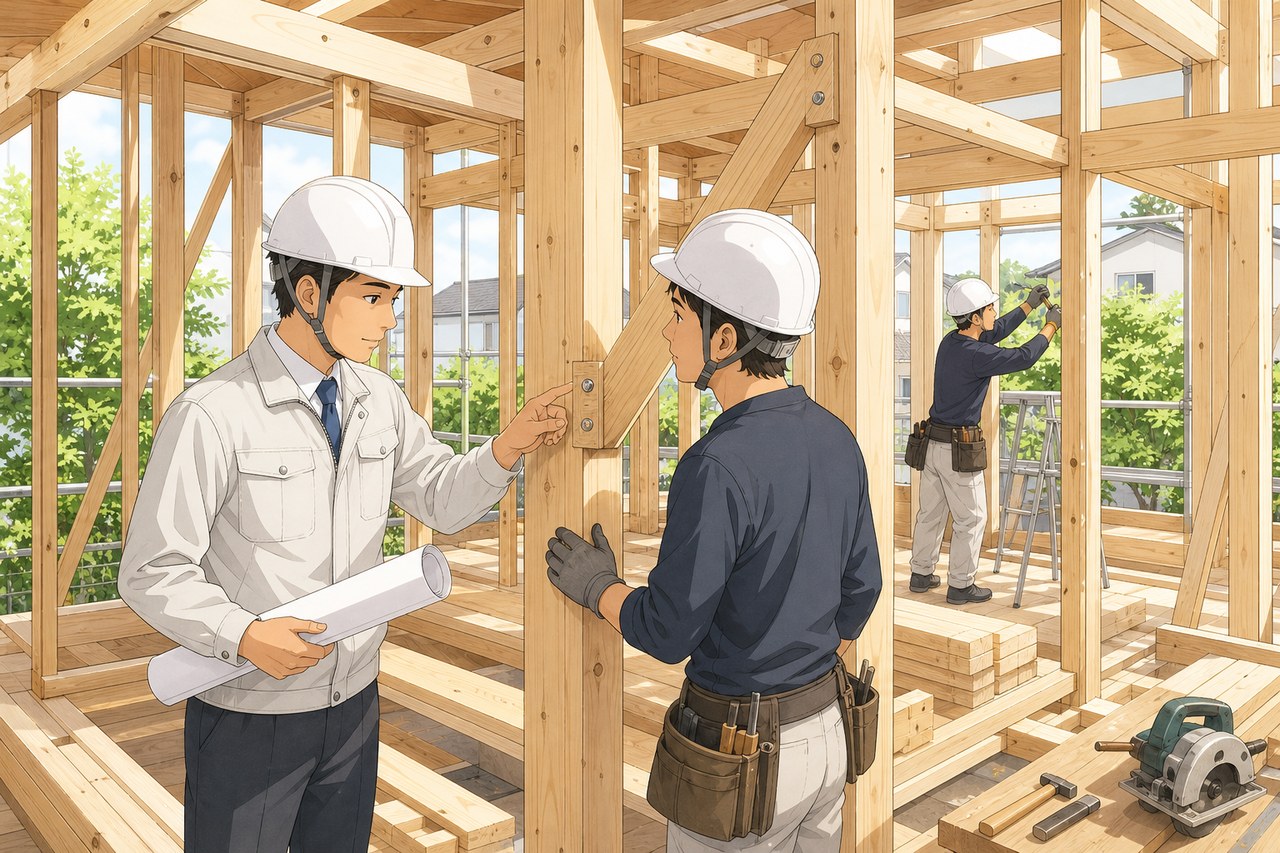 現場監督が職人と施工内容を確認する住宅建築現場