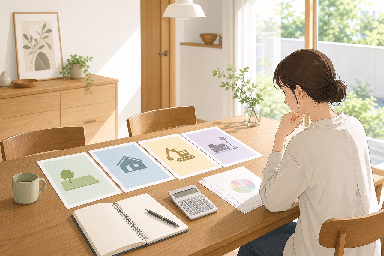 家計ノートと書類を見比べ資金計画を考える様子
