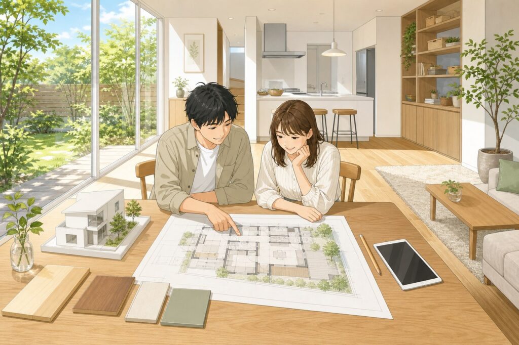 夫婦が間取り図を見ながら家づくりを相談する様子
