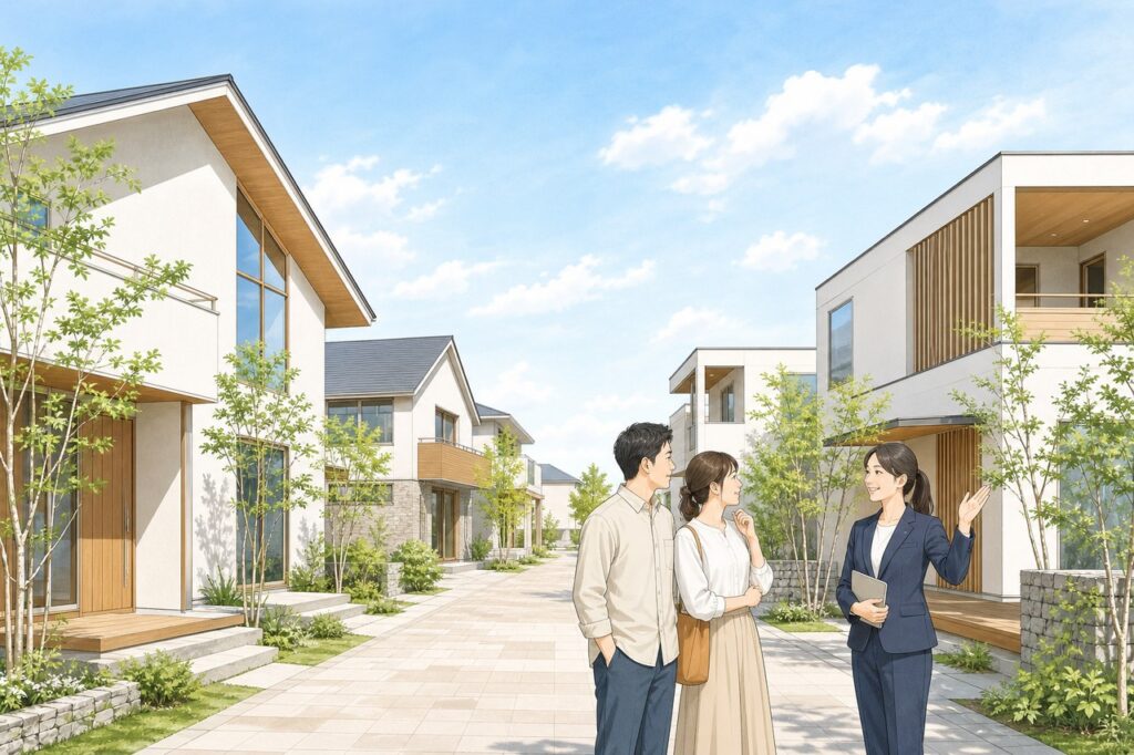 住宅展示場で複数のモデルハウスを見比べる夫婦