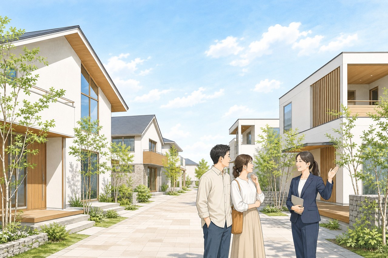 住宅展示場で複数のモデルハウスを見比べる夫婦
