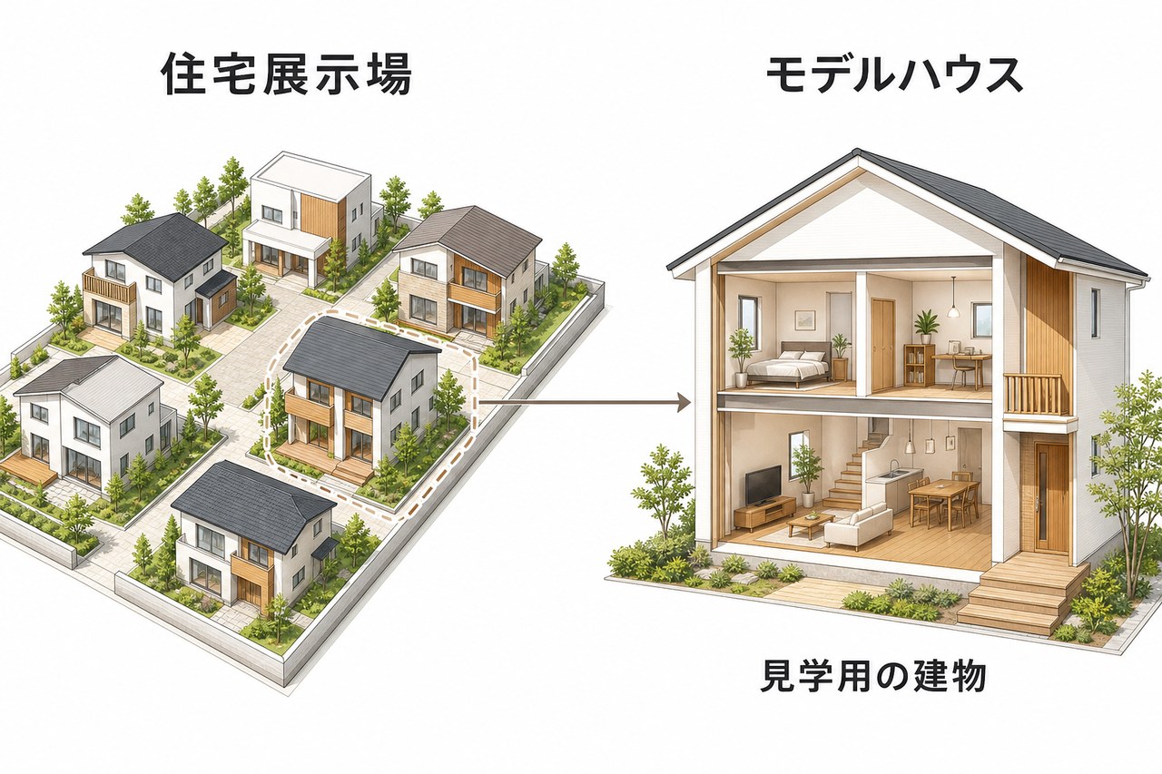 住宅展示場の敷地と、その中のモデルハウスの関係を示す図