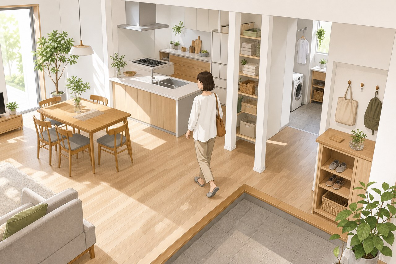 住宅の室内動線を歩いて確かめる見学者