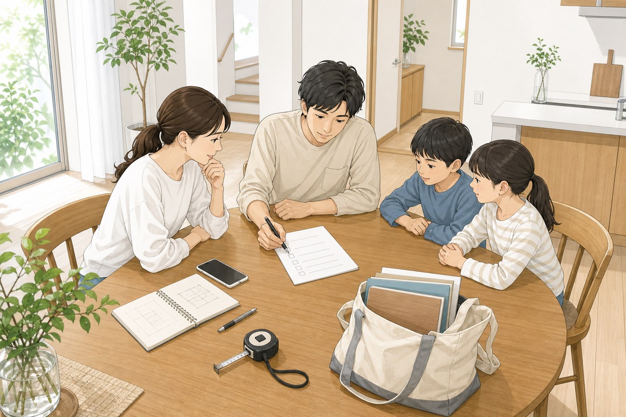 家族がテーブルで見学の質問や持ち物を整理している様子