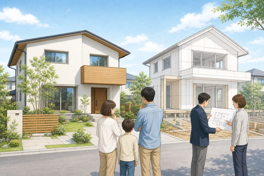 建売住宅と設計中の注文住宅を見比べる家族