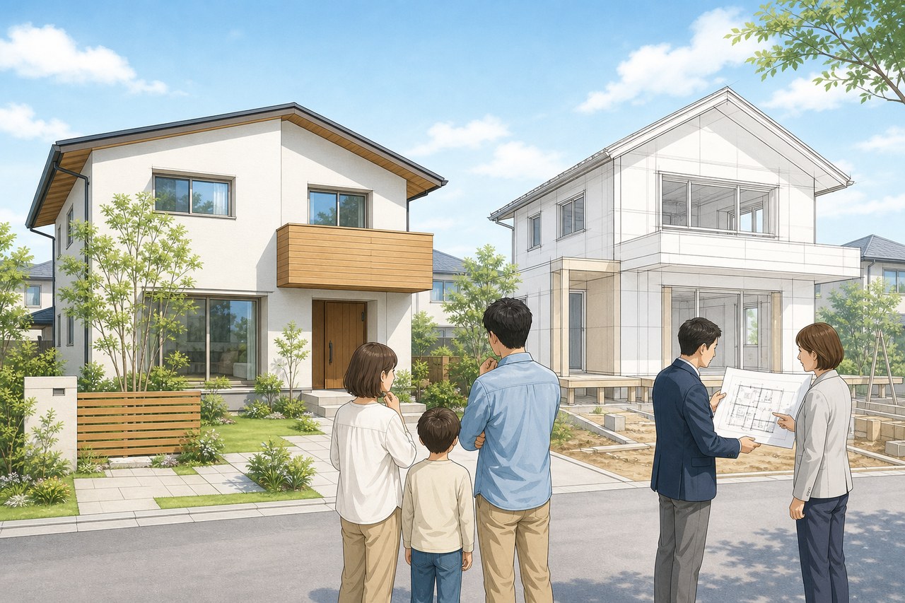 建売住宅と設計中の注文住宅を見比べる家族