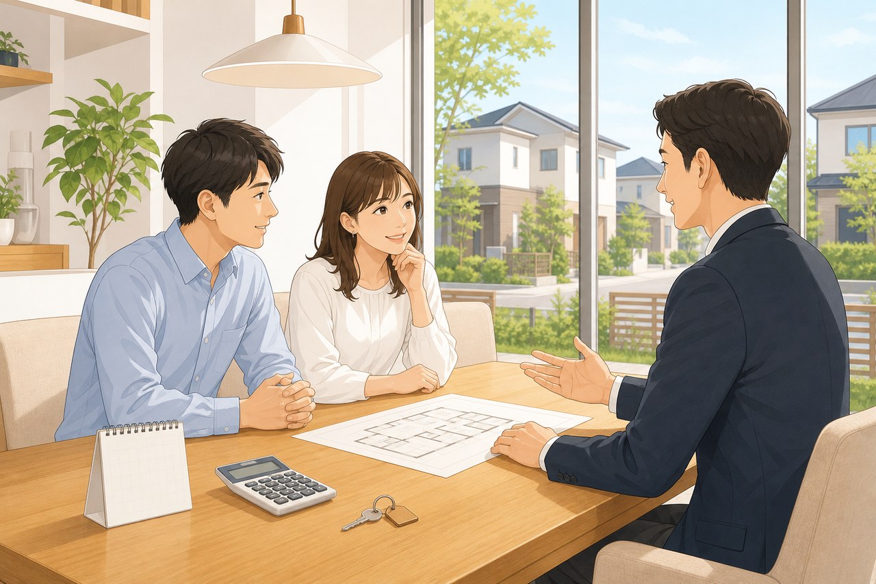 夫婦が担当者と資金計画や入居時期を相談する場面