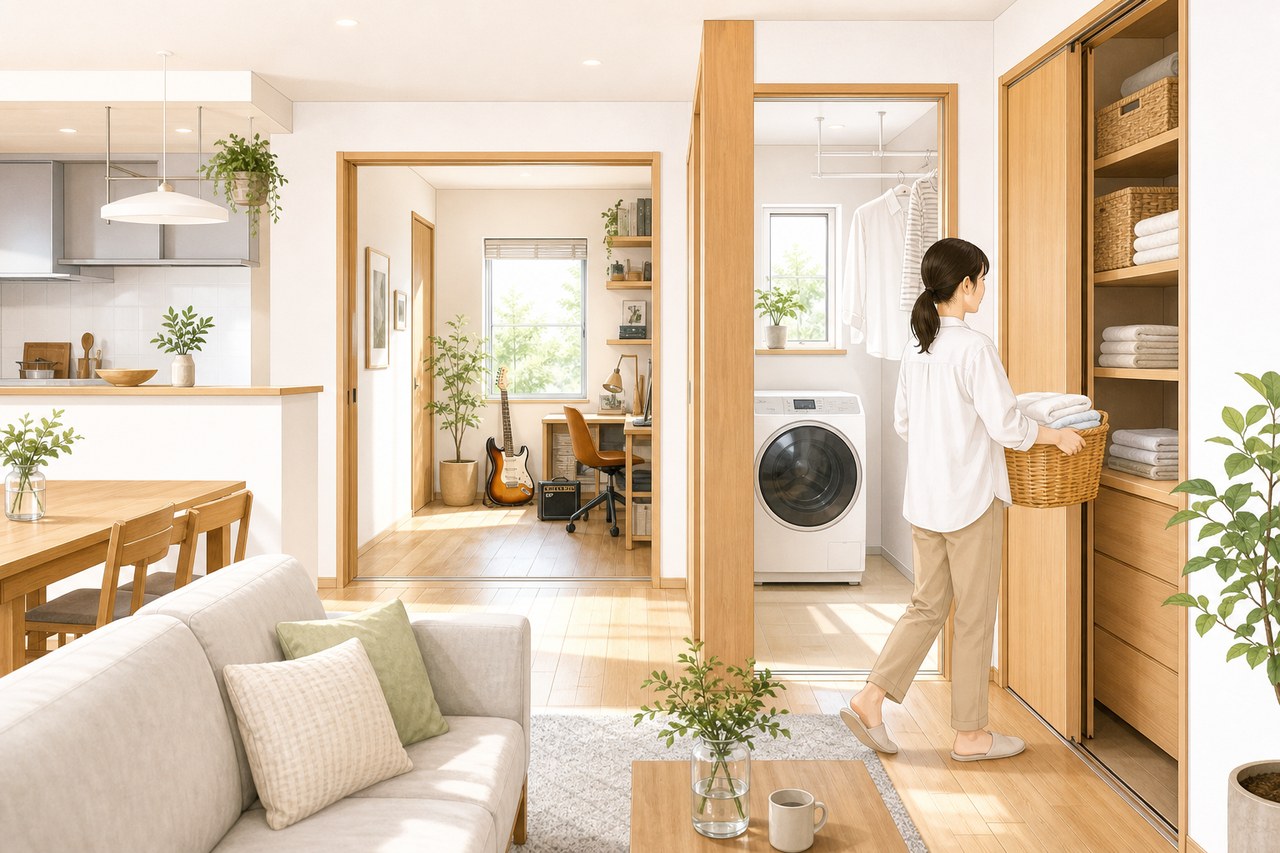 洗濯スペースと収納が近い、趣味の部屋がある明るい住まい