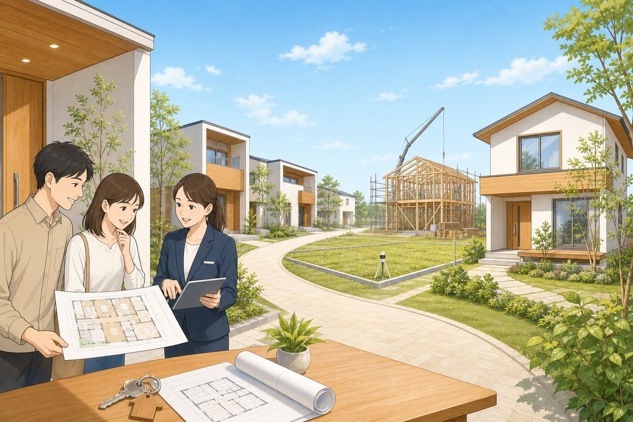 展示場見学から完成した家までの家づくりの流れのイメージ
