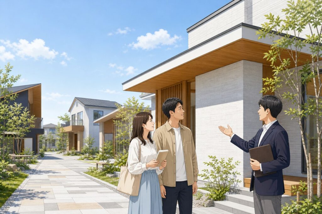 住宅展示場でモデルハウスを見比べながら相談する夫婦