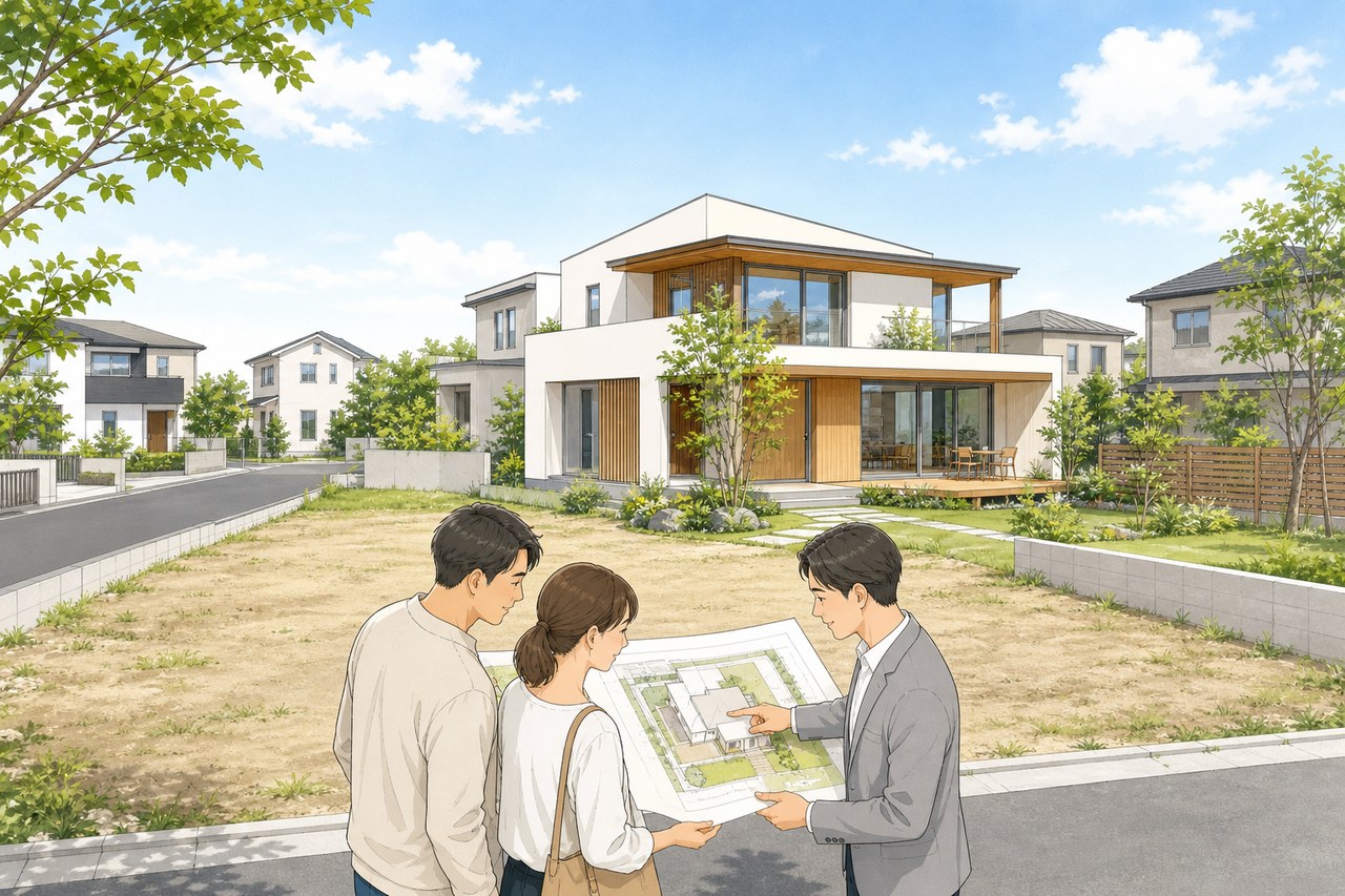 夫婦と建築家が住宅用地の図面を見ながら相談する様子