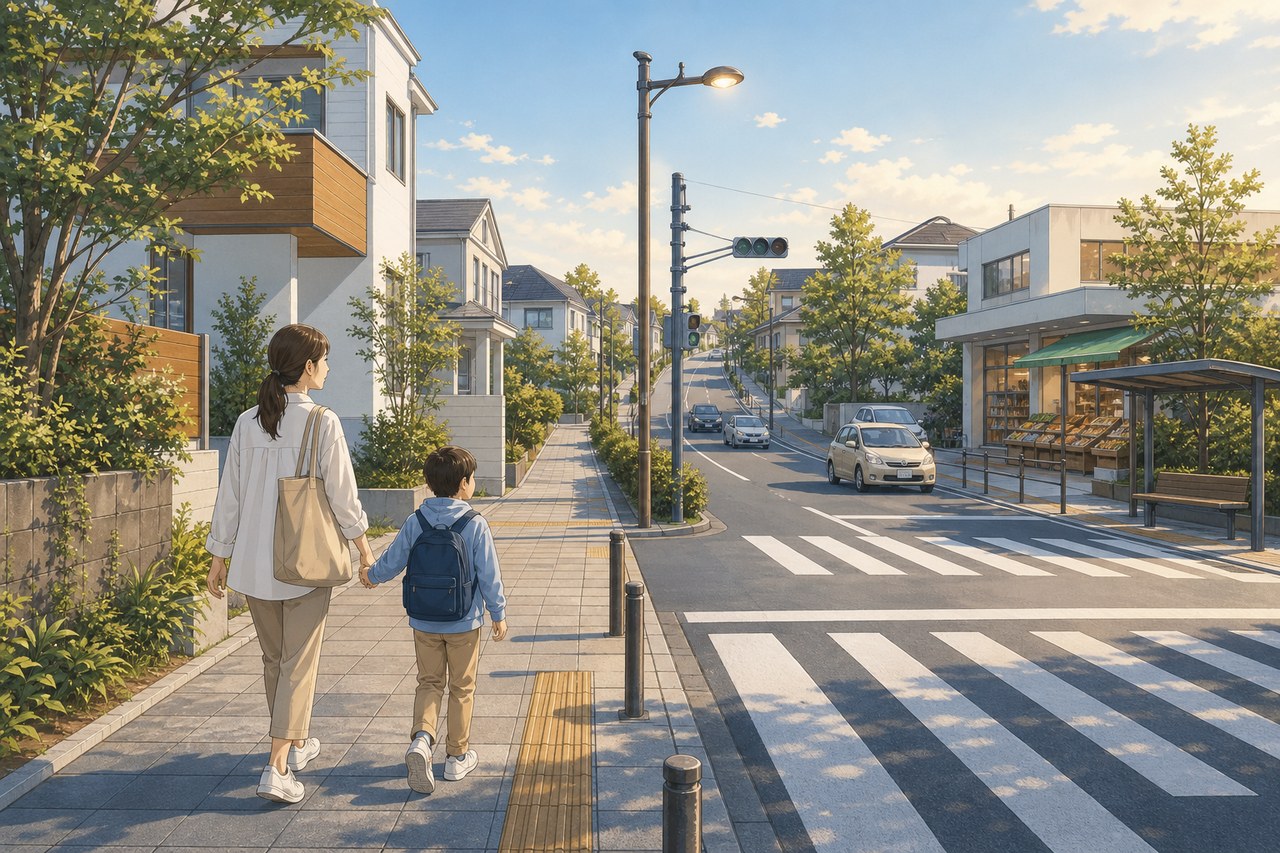 親子が候補地周辺の歩道や交通環境を歩いて確認する様子