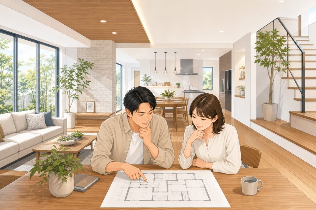 広々としたモデルハウスで間取り図を見ながら相談する夫婦