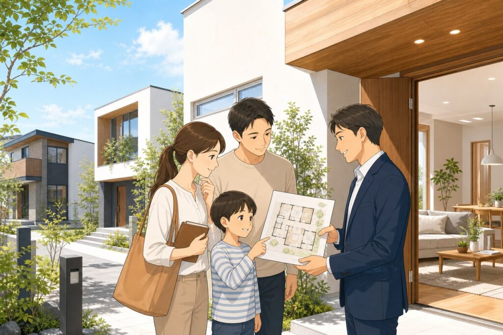 住宅展示場で家族が間取り図を見ながら相談する様子