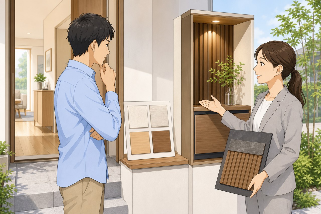 標準仕様のサンプルと展示設備を担当者に確認する見学者