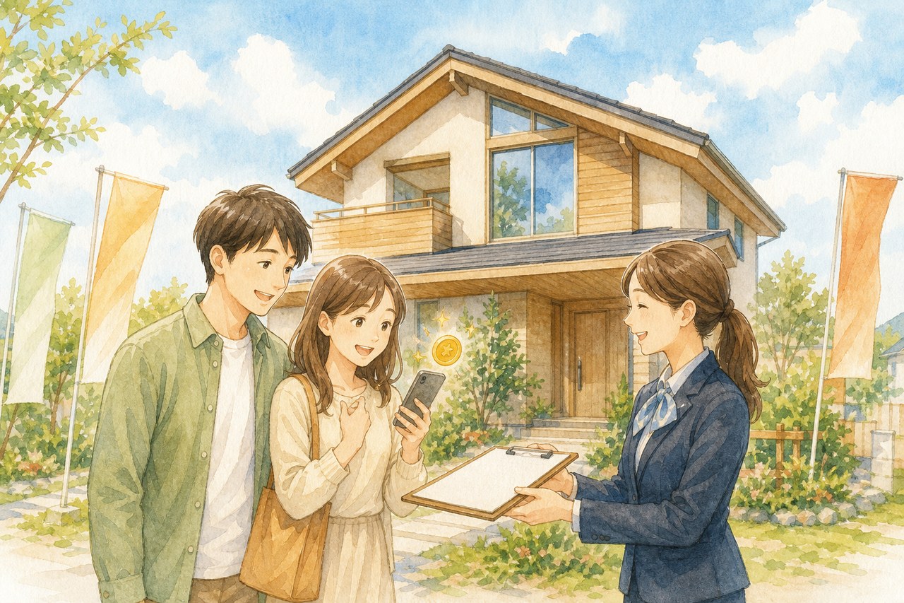 モデルハウス前で来場特典の案内を受ける夫婦