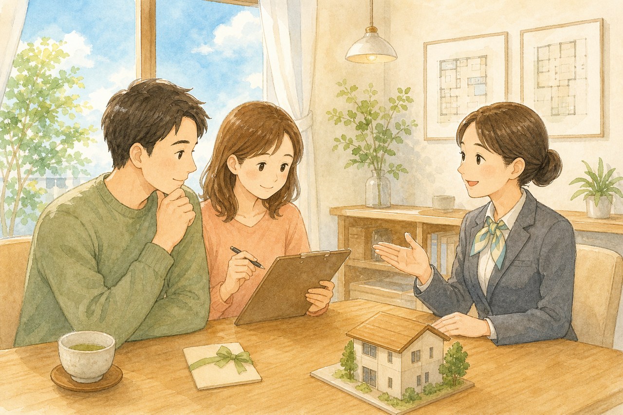 展示場で営業担当者と誠実に話す夫婦のイラスト
