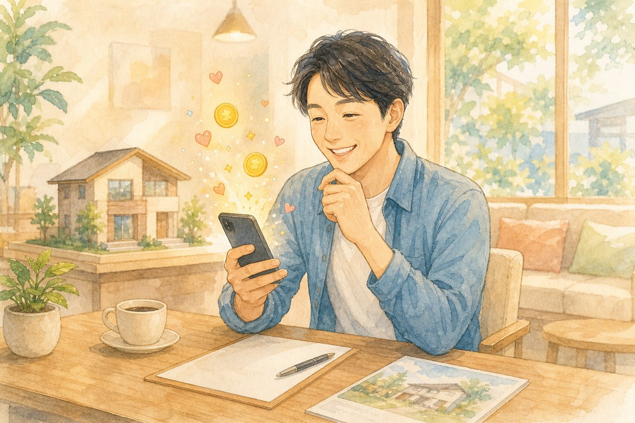スマホでメール受け取りのポイントを確認する人のイラスト