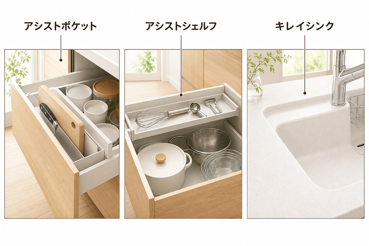 LIXILの収納2種と継ぎ目のないキレイシンクの図解