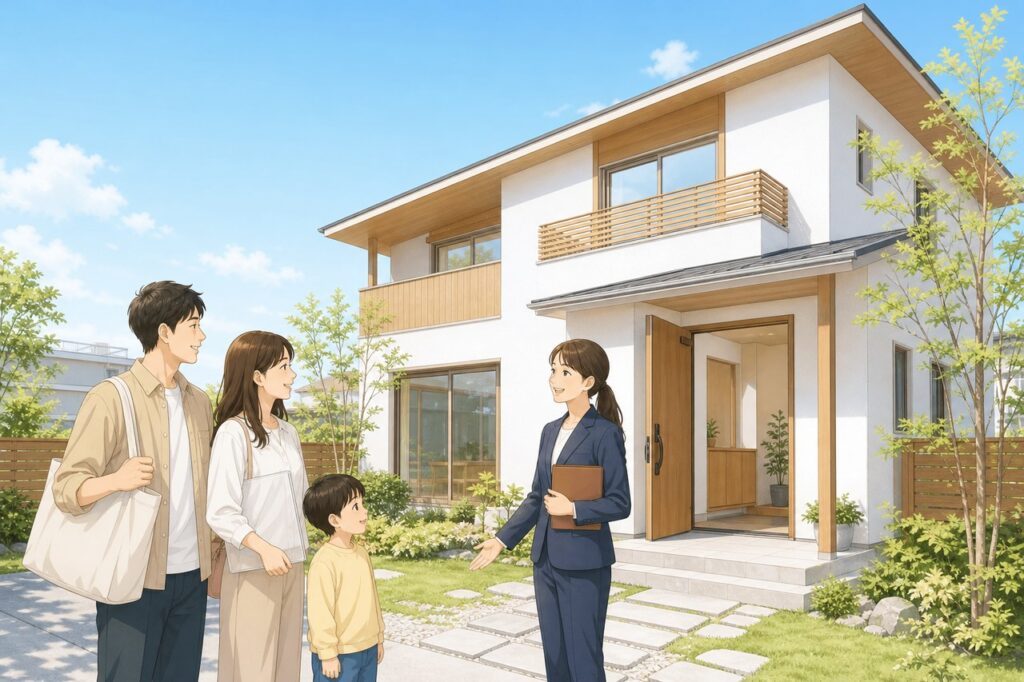 モデルハウスの玄関で夫婦と子どもがスタッフに迎えられる様子