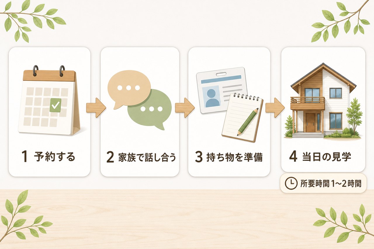 予約から当日の見学までの4ステップの流れ図