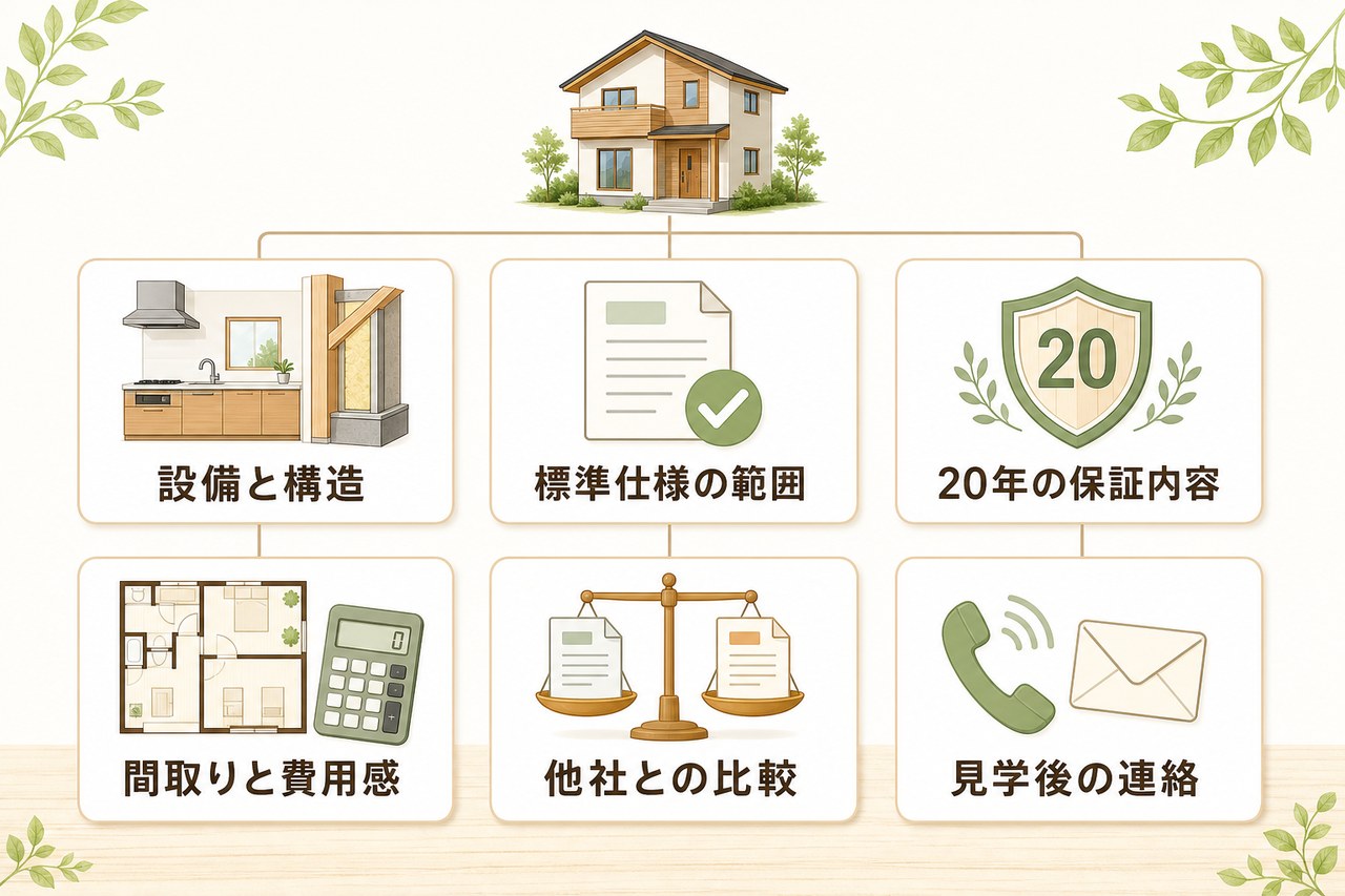 見学で確認したい6項目を並べた図解