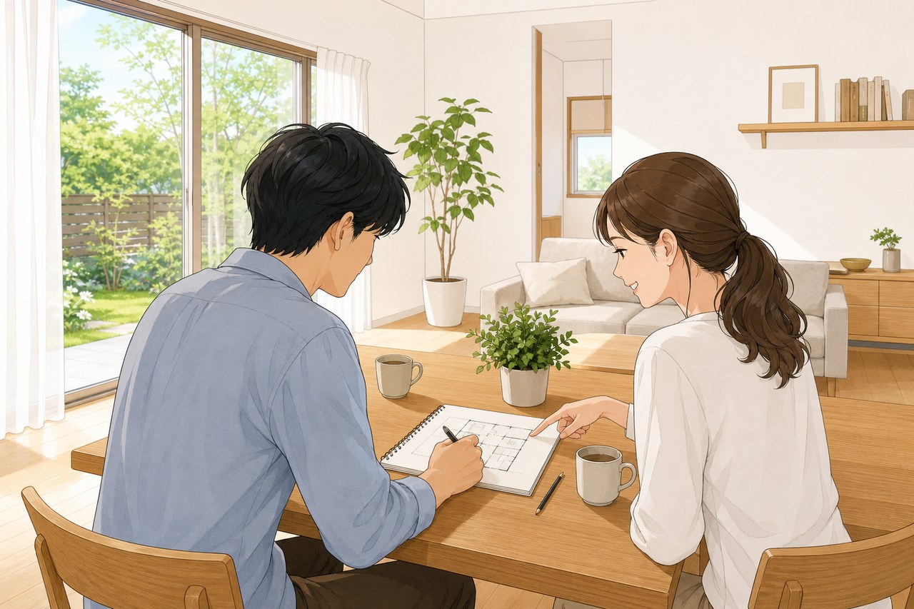 見学前に家族で間取りの希望を話し合う夫婦