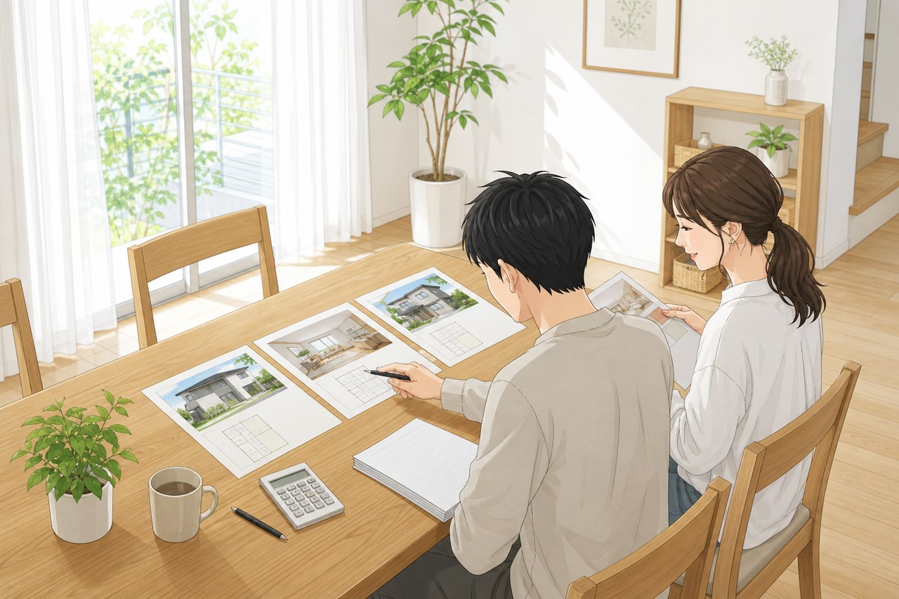 夫婦が複数社の見積書をテーブルで見比べる様子