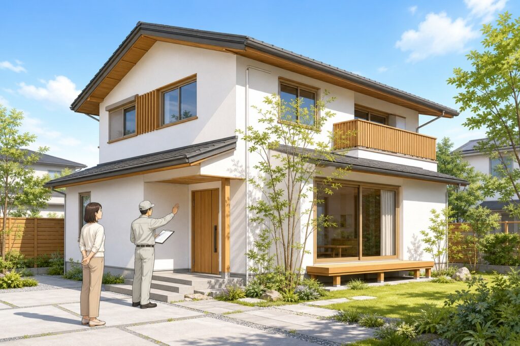 点検スタッフと住まい手が見守る明るい戸建て住宅