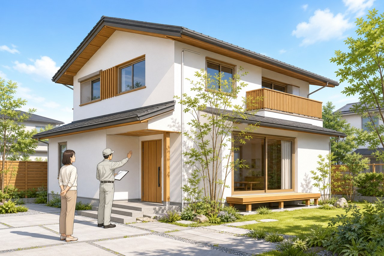 点検スタッフと住まい手が見守る明るい戸建て住宅