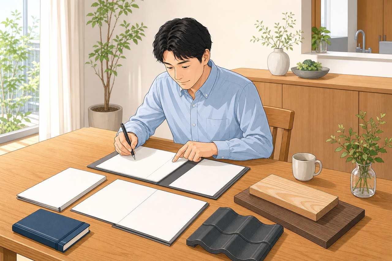保証書類と建材サンプルを確認する住まい手