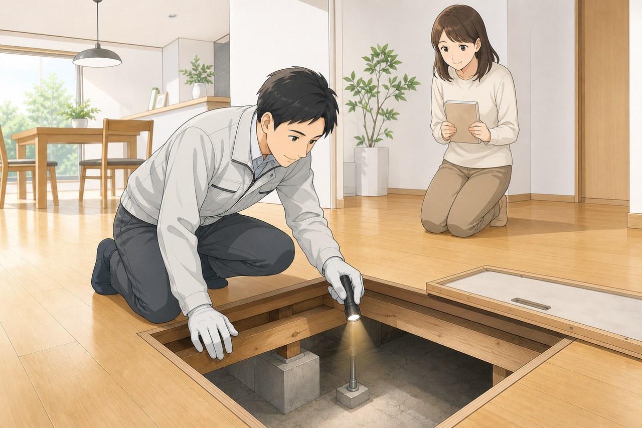 床下点検口から基礎や木部を確認するスタッフ