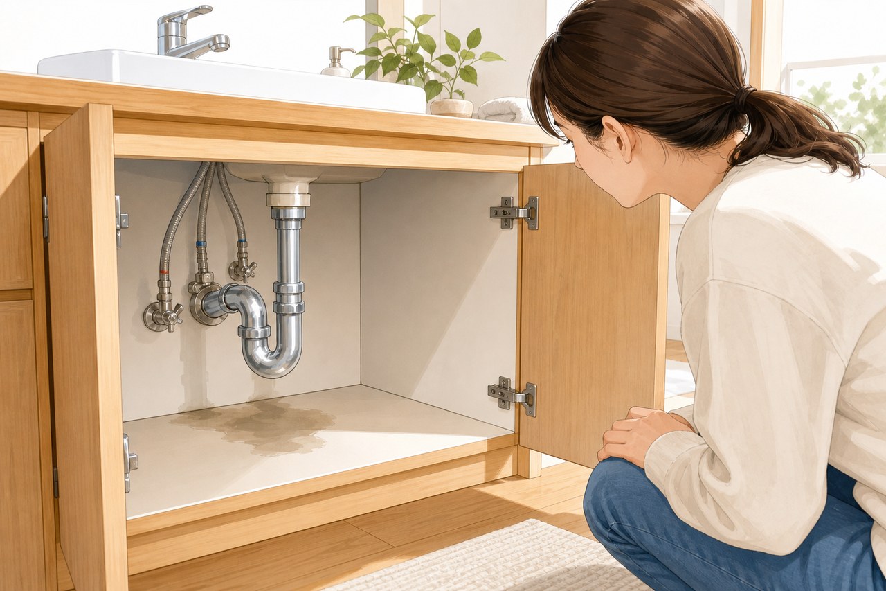 洗面台下の配管と底板の水染みを確かめる住まい手