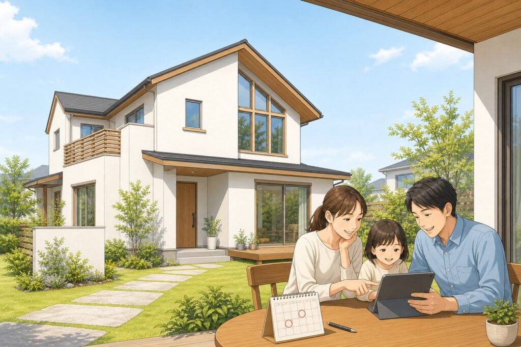 住宅の前でタブレットから来場予約をする家族のイラスト