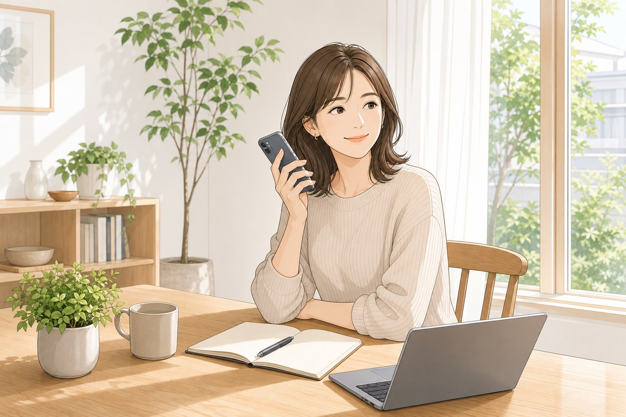 テーブルでスマホを手に店舗からの確認連絡を待つ女性