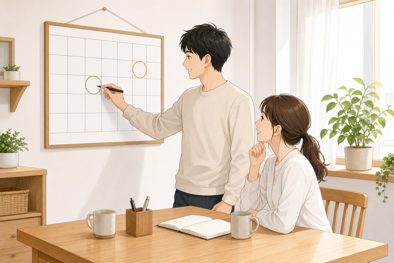 カレンダーに候補日を2つ書き込む夫婦