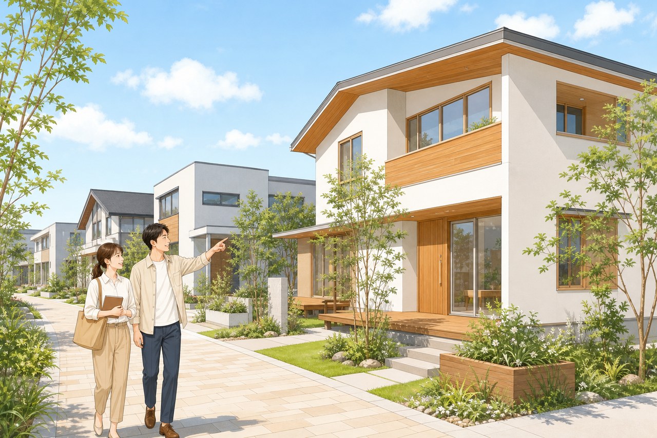 住宅展示場でモデルハウスを見学する夫婦のイラスト
