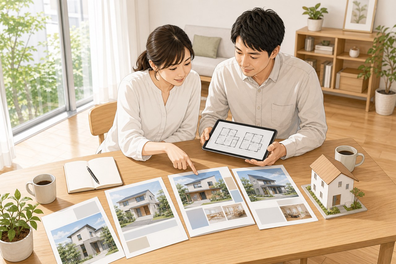 夫婦がハウスメーカーの資料と模型を見比べる様子