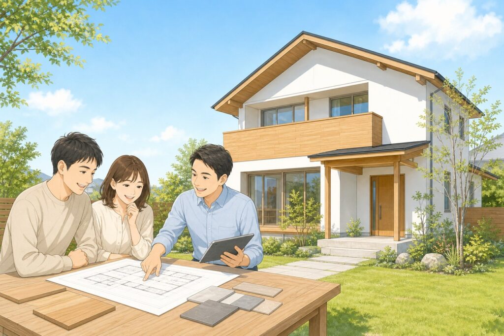 夫婦と設計士が間取りを相談する注文住宅のイメージ
