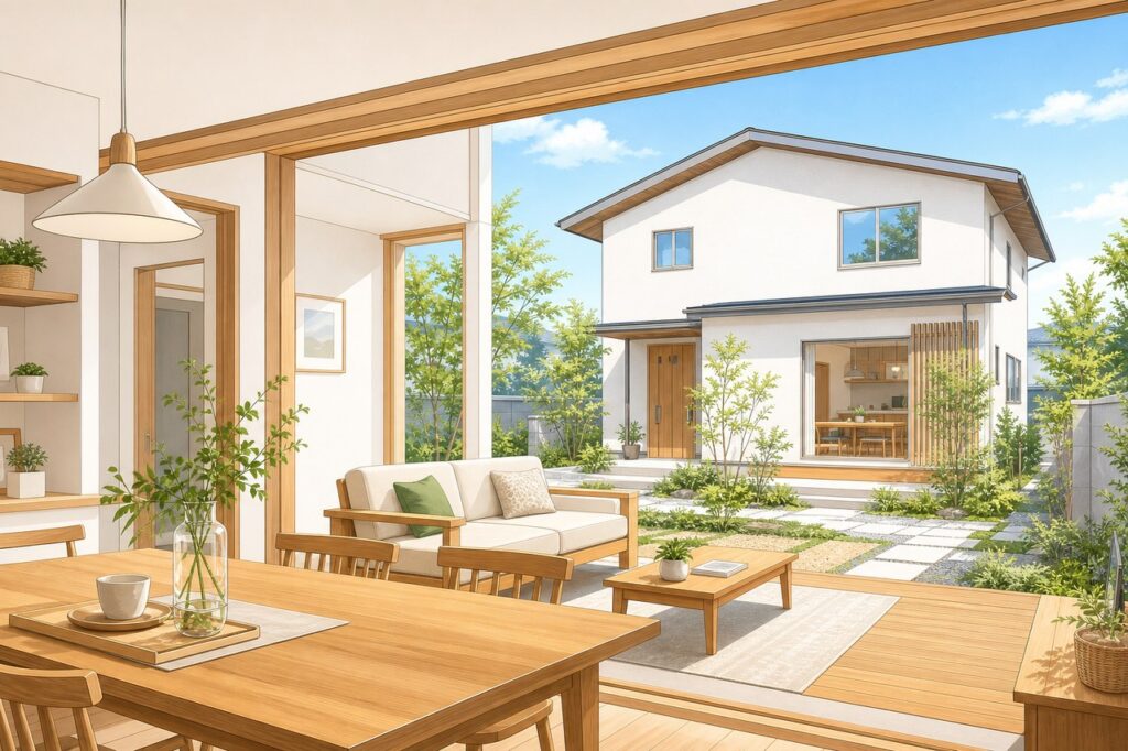 木の温もりある室内から眺める明るい戸建て住宅