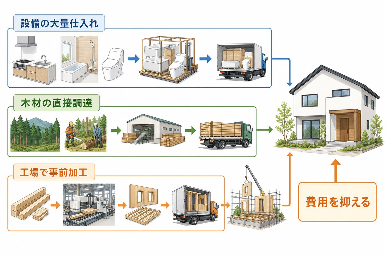 設備や木材の調達、工場加工で費用を抑える仕組みの図解